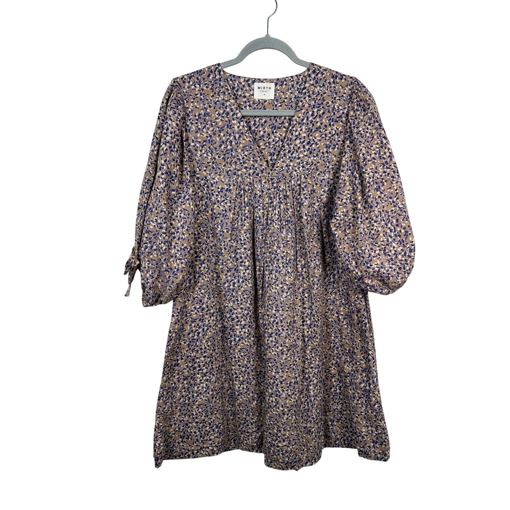 Mirth Babydoll Dress Womens M Tan Blue Floral Excellent Balloon Sleeve 3015